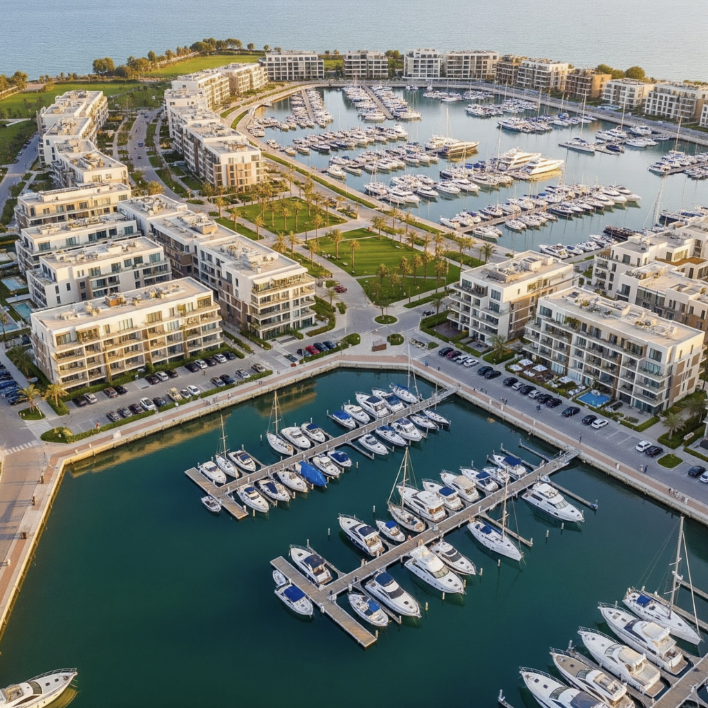 An aerial view of a thriving marina, a result of successful waterfront property development.